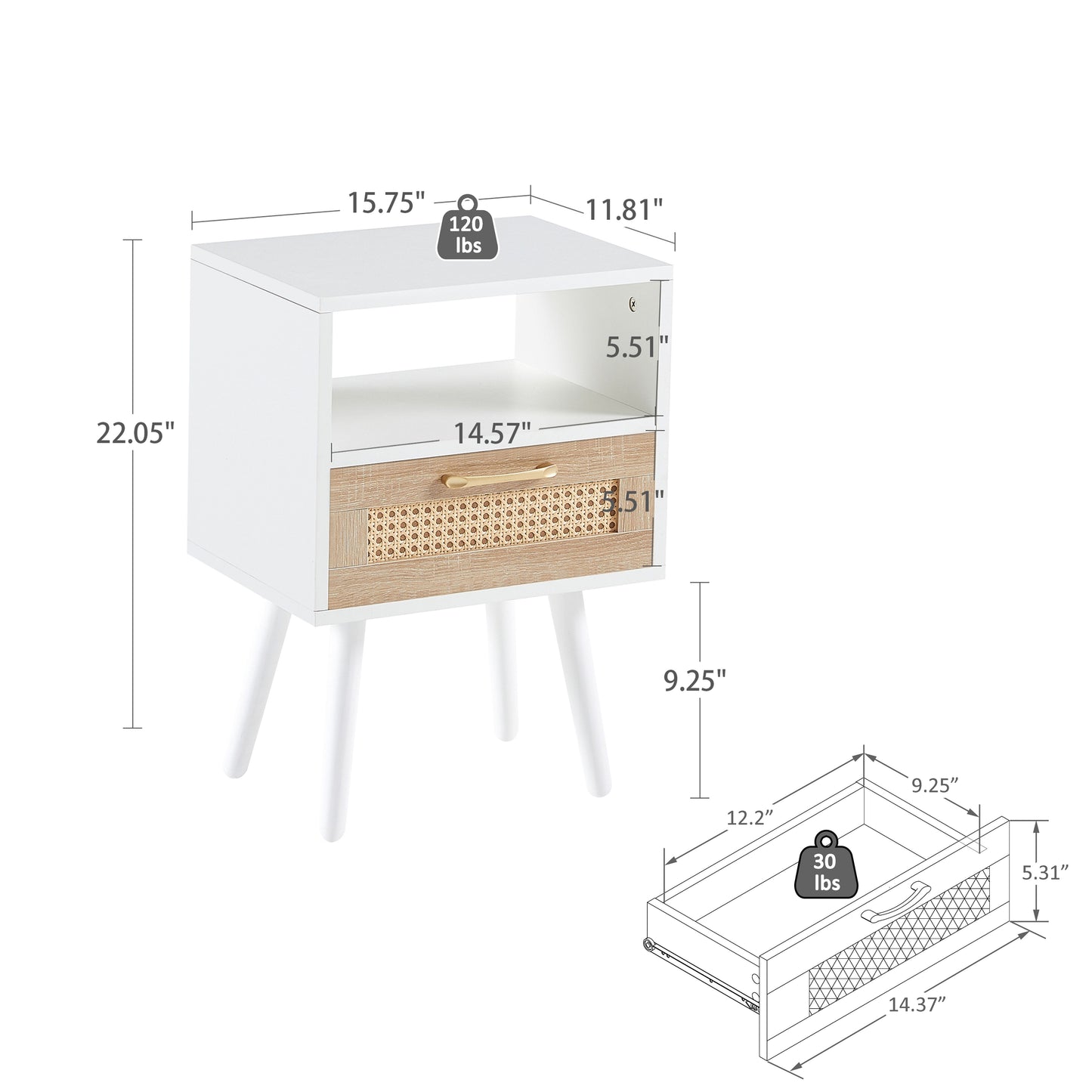15.75" Rattan End table with drawer and solid wood legs, Modern nightstand, side table for living room, bedroom, white image 4