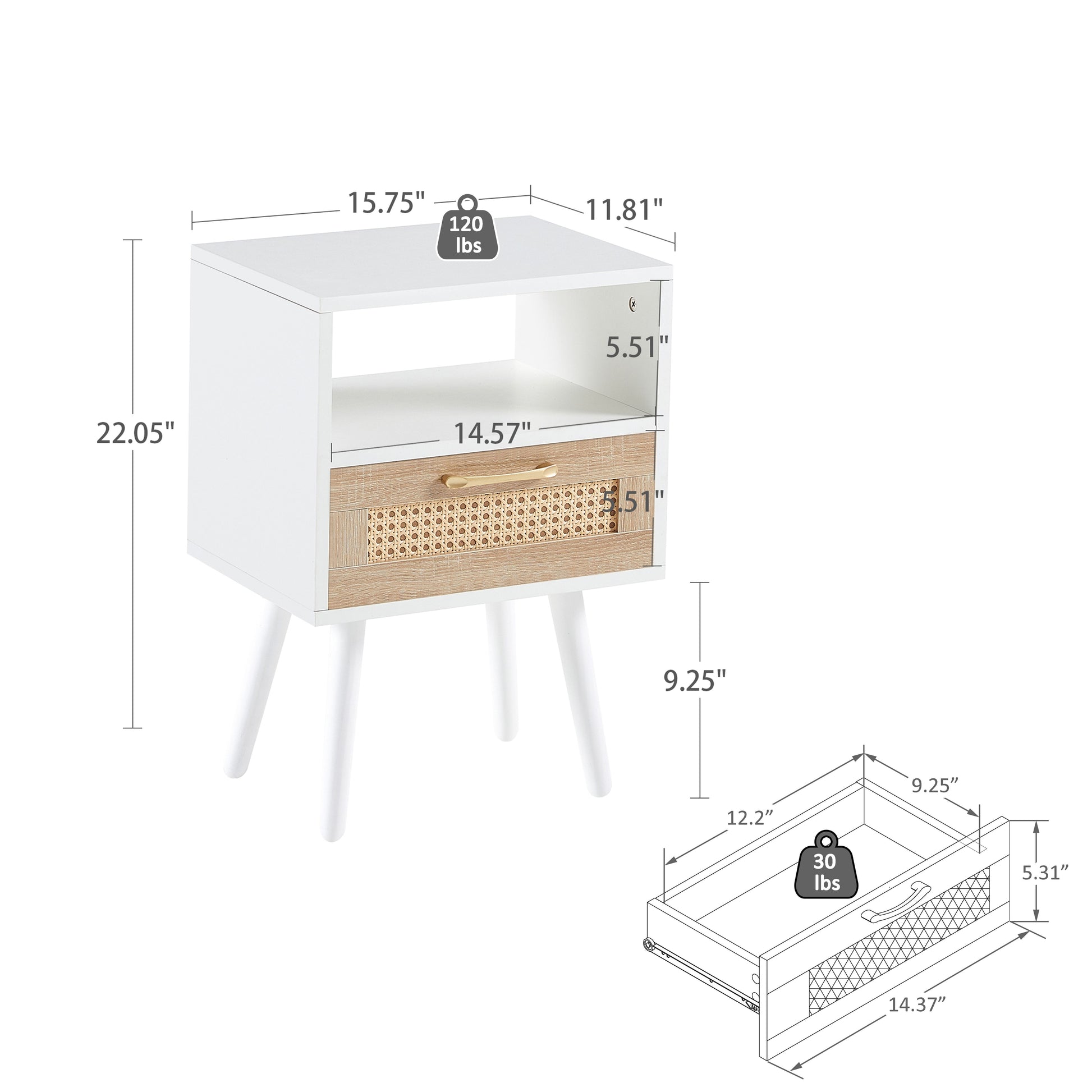 15.75" Rattan End table with drawer and solid wood legs, Modern nightstand, side table for living room, bedroom, white image 4