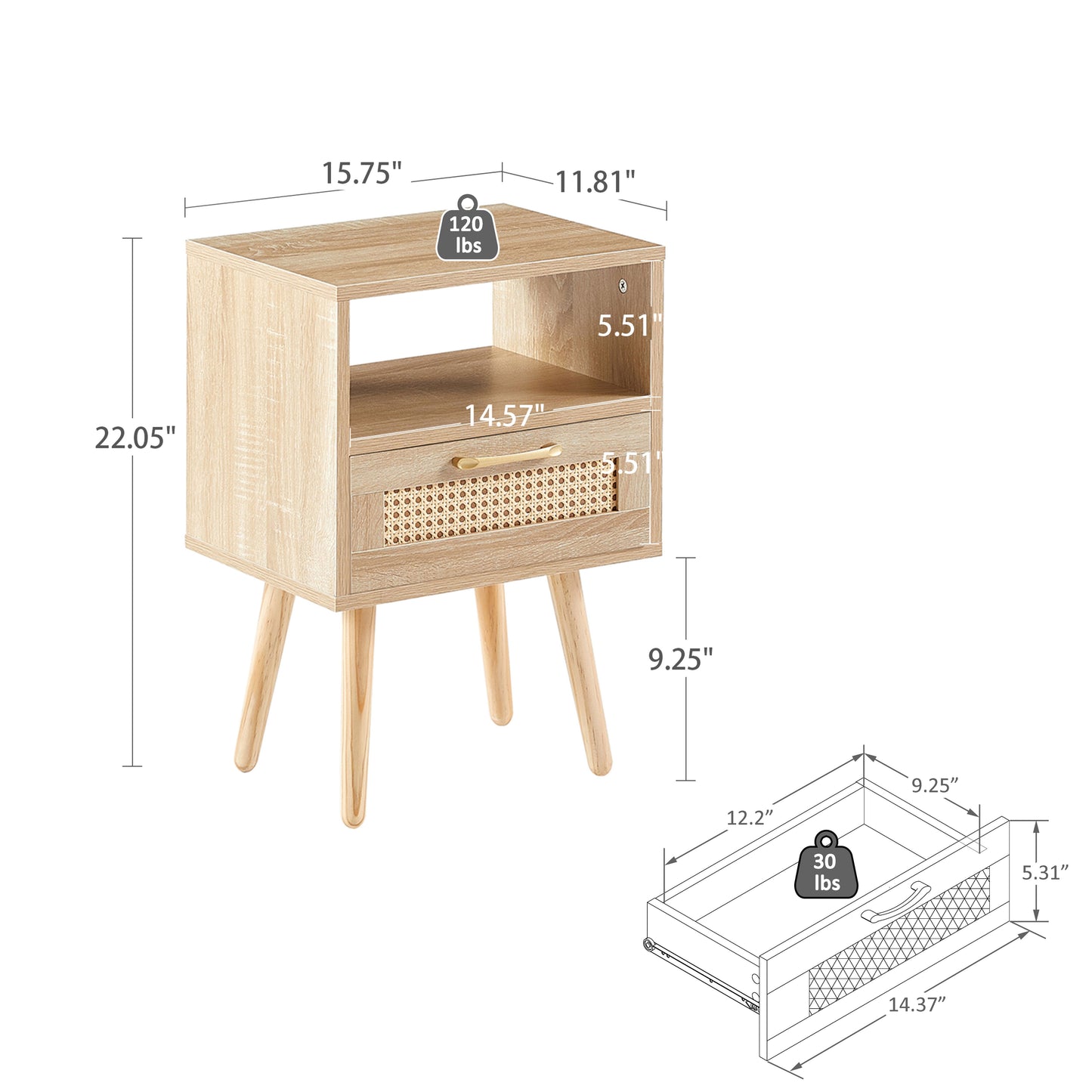 15.75" Rattan End table with drawer and solid wood legs, Modern nightstand, side table for living room, bedroom,natural image 4