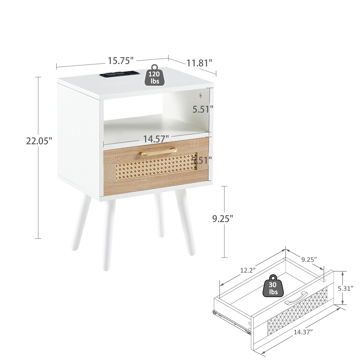 15.75" Rattan End table with Power Outlet & USB Ports, Modern nightstand with drawer and solid wood legs, side table for living room, bedroom, white image 4
