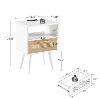 15.75" Rattan End table with Power Outlet & USB Ports, Modern nightstand with drawer and solid wood legs, side table for living room, bedroom, white image 4