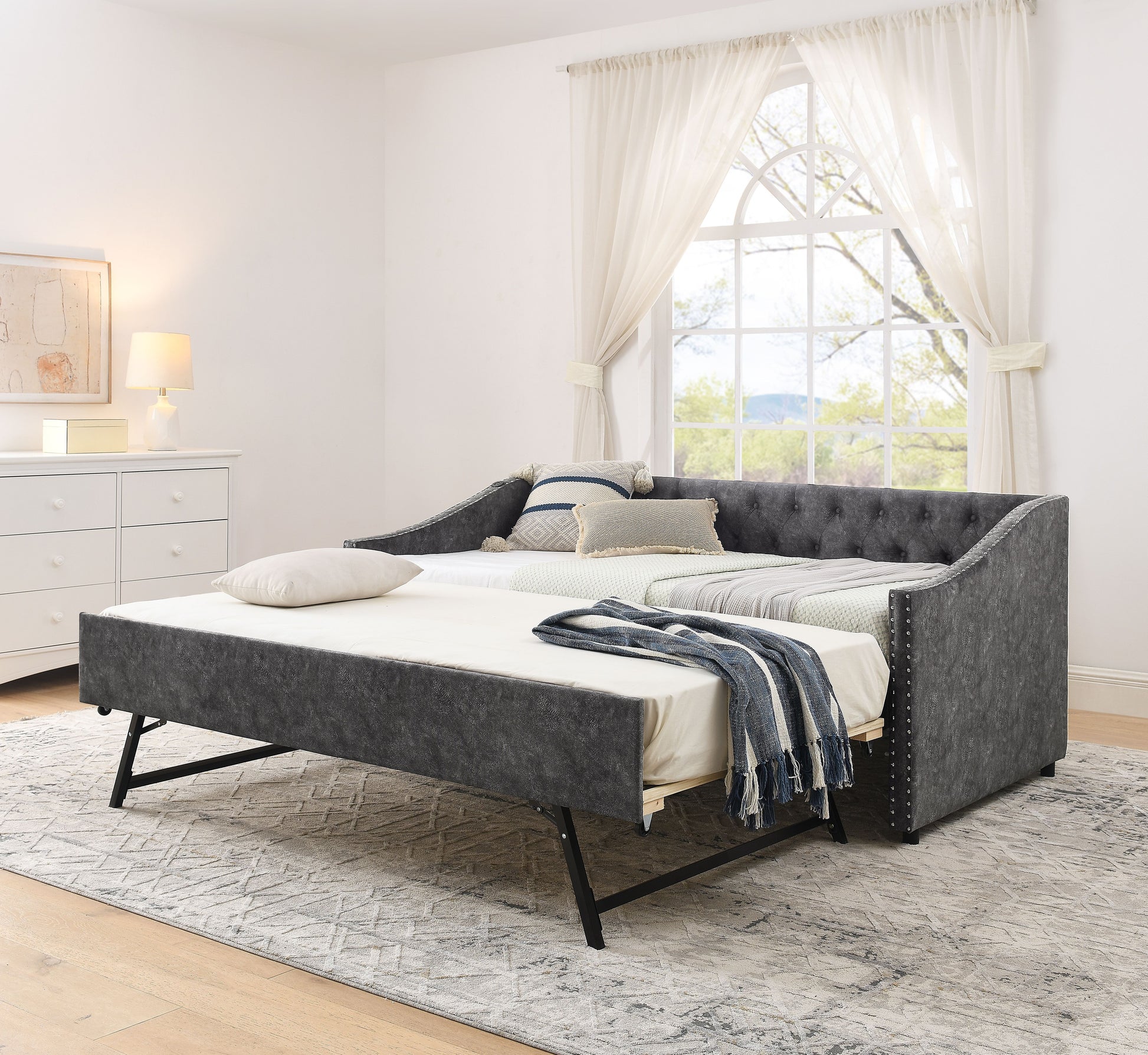 Twin Size Daybed with USB Charging & Pull-out Extendable Bed, with Button on Back and Copper Nail on Waved Shape Arms (81"x42"x30.75") image 1