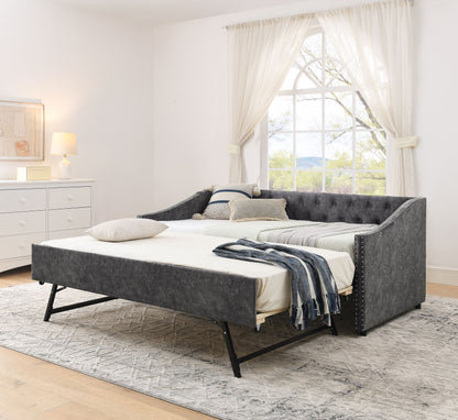 Twin Size Daybed with USB Charging & Pull-out Extendable Bed, with Button on Back and Copper Nail on Waved Shape Arms (81"x42"x30.75") image 1