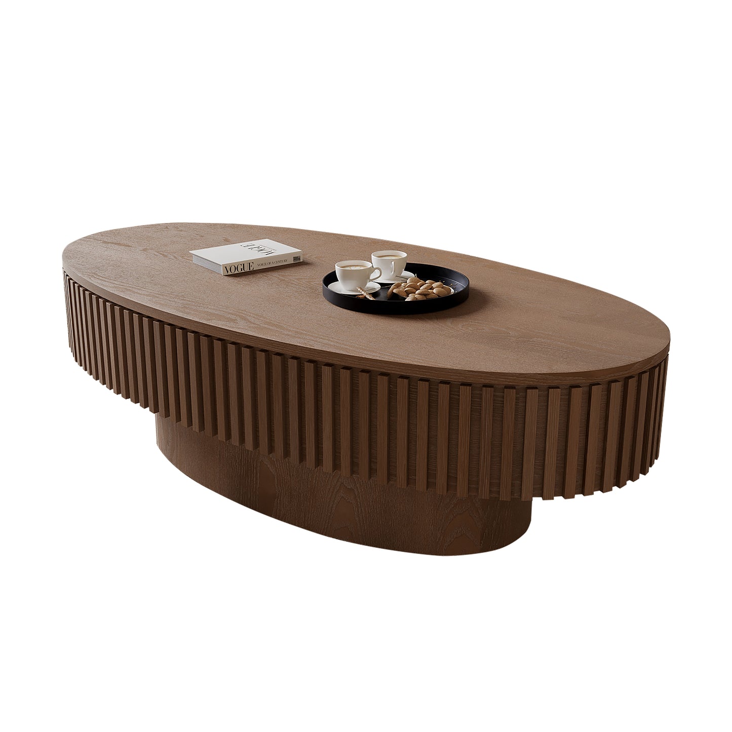47'' Oval Coffee Table with Storage Solid Wood Veneered Modern Coffee Table Accent Tea Table for Living Room, Bedroom, Apartment or Office, Walnut image 10