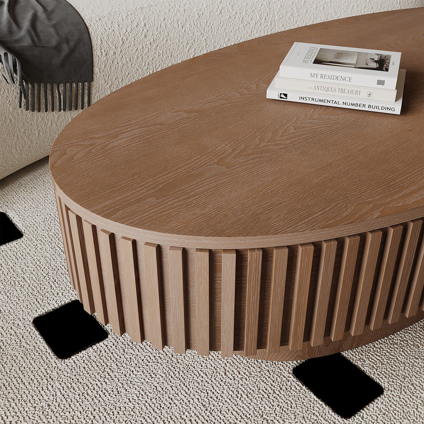 47'' Oval Coffee Table with Storage Solid Wood Veneered Modern Coffee Table Accent Tea Table for Living Room, Bedroom, Apartment or Office, Walnut image 6