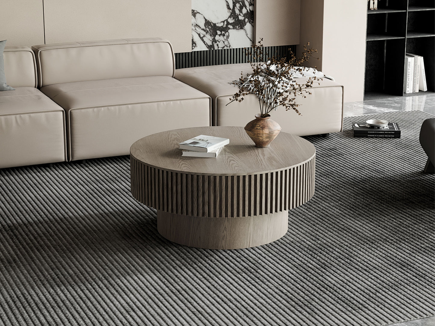 31.5'' Round Coffee Table with Storage Solid Wood Veneered Modern Coffee Table Accent Tea Table for Living Room, Bedroom, Apartment or Office, Grey image 6