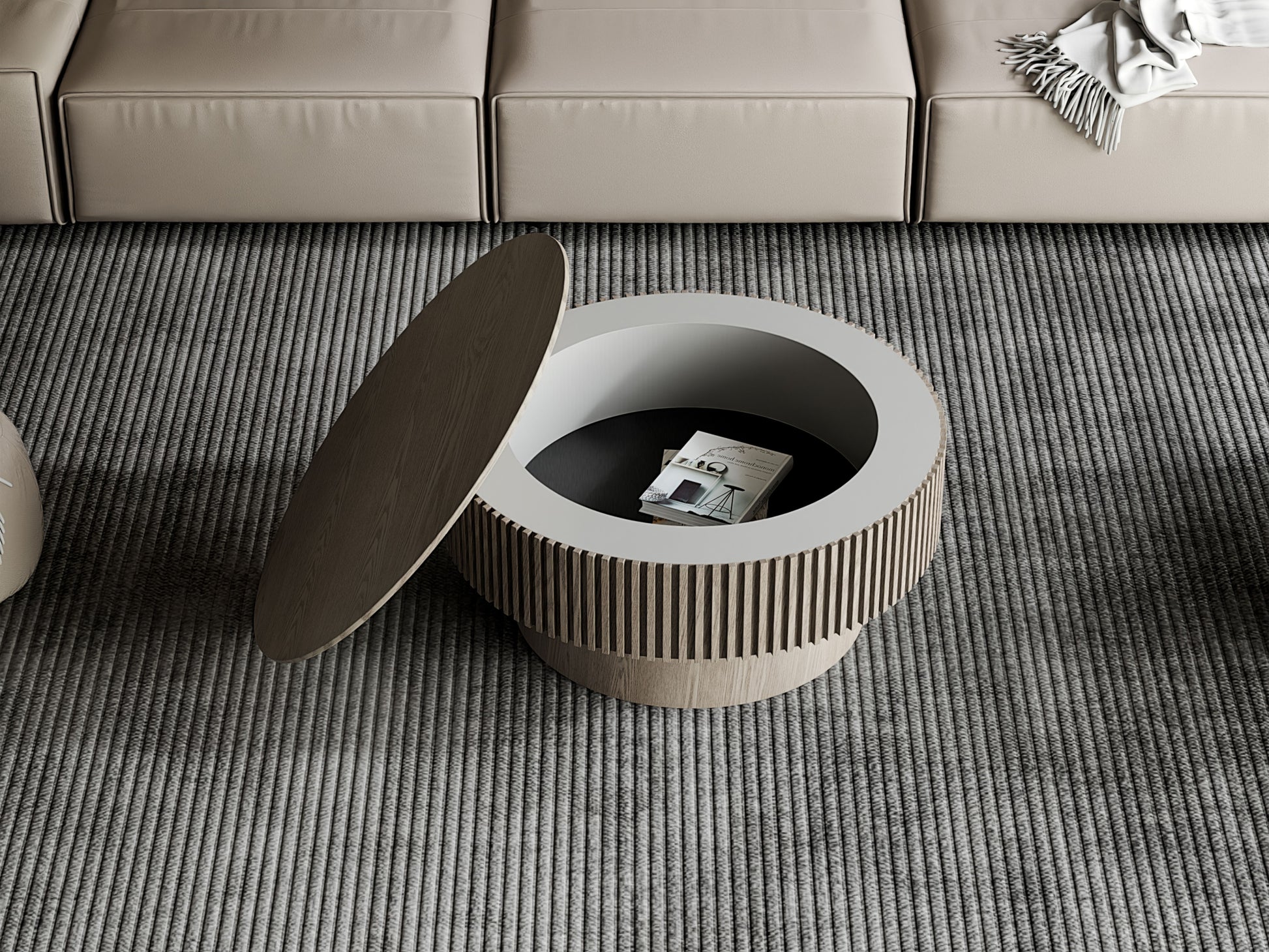 31.5'' Round Coffee Table with Storage Solid Wood Veneered Modern Coffee Table Accent Tea Table for Living Room, Bedroom, Apartment or Office, Grey image 7