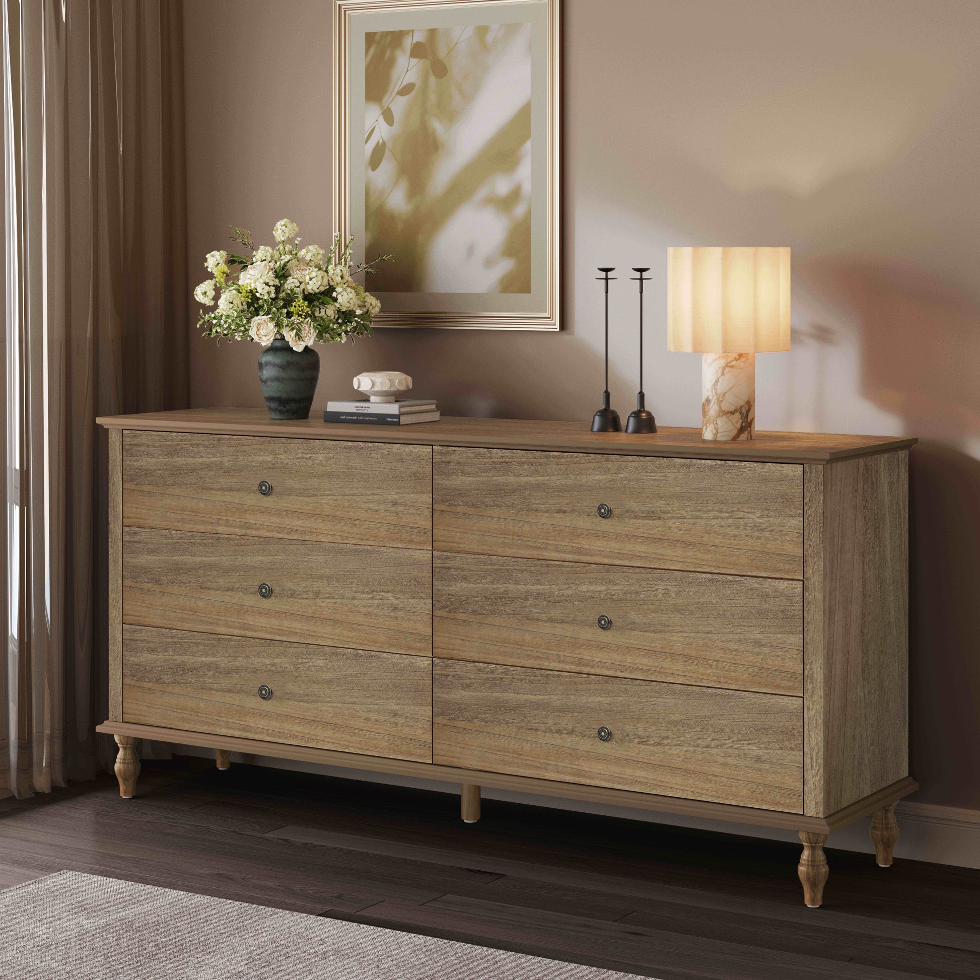 6-Drawer Double Wide Wood Dresser for Bedroom, Light Brown Burnt Wood Finish Storage Chest with Self-Closing Slides, Metal Copper Handles, Solid Wood Roman Column Legs, Anti-Tip Kit Included image 1