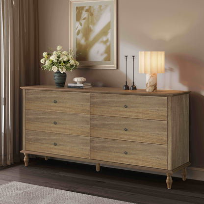 6-Drawer Double Wide Wood Dresser for Bedroom, Light Brown Burnt Wood Finish Storage Chest with Self-Closing Slides, Metal Copper Handles, Solid Wood Roman Column Legs, Anti-Tip Kit Included image 1