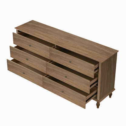 6-Drawer Double Wide Wood Dresser for Bedroom, Light Brown Burnt Wood Finish Storage Chest with Self-Closing Slides, Metal Copper Handles, Solid Wood Roman Column Legs, Anti-Tip Kit Included image 10