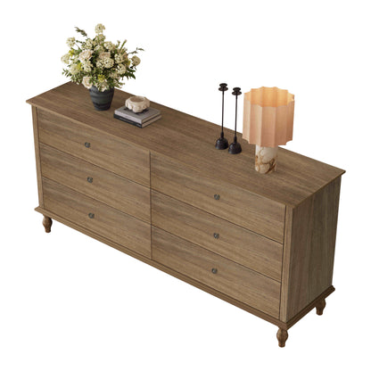 6-Drawer Double Wide Wood Dresser for Bedroom, Light Brown Burnt Wood Finish Storage Chest with Self-Closing Slides, Metal Copper Handles, Solid Wood Roman Column Legs, Anti-Tip Kit Included image 11
