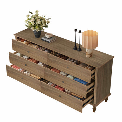 6-Drawer Double Wide Wood Dresser for Bedroom, Light Brown Burnt Wood Finish Storage Chest with Self-Closing Slides, Metal Copper Handles, Solid Wood Roman Column Legs, Anti-Tip Kit Included image 12