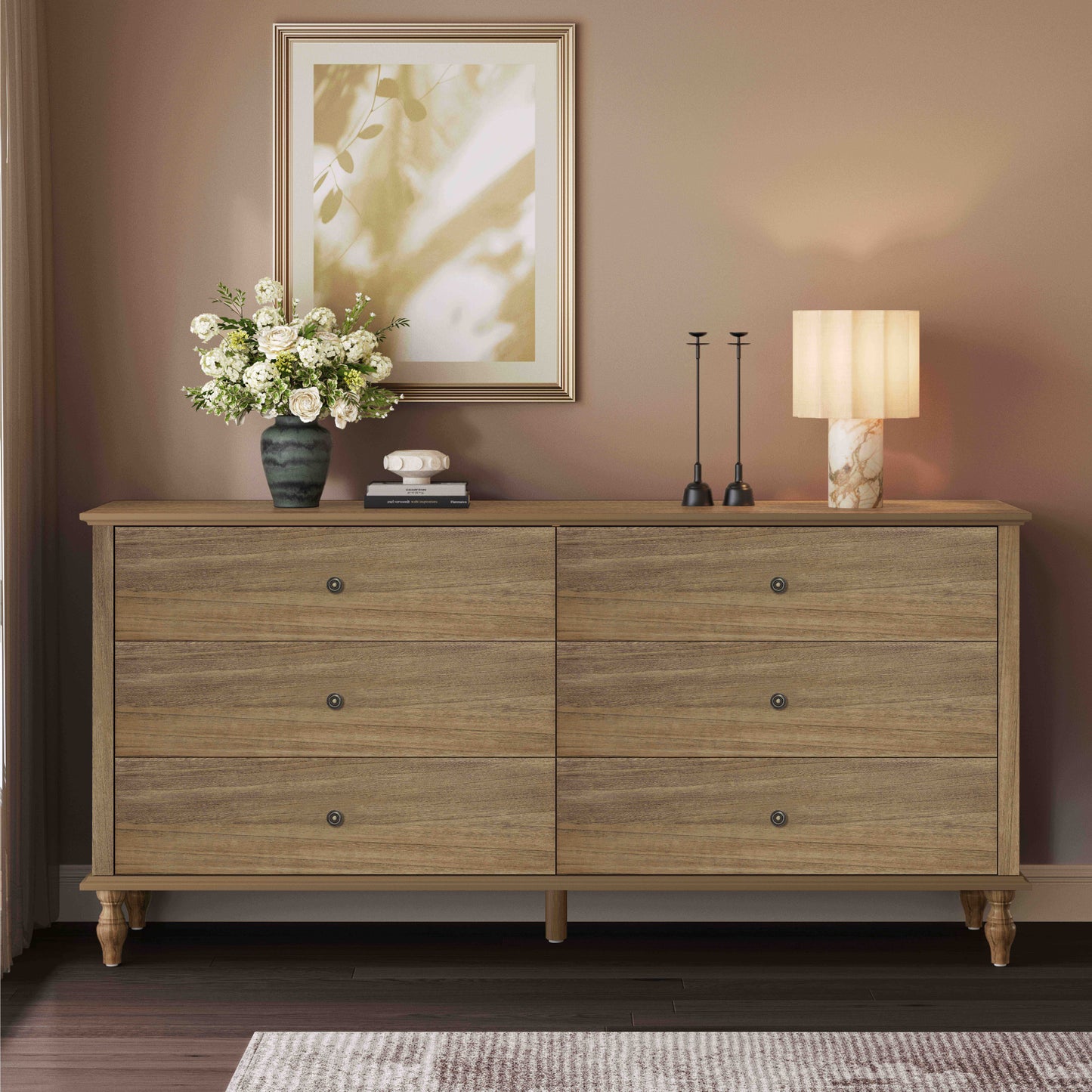 6-Drawer Double Wide Wood Dresser for Bedroom, Light Brown Burnt Wood Finish Storage Chest with Self-Closing Slides, Metal Copper Handles, Solid Wood Roman Column Legs, Anti-Tip Kit Included image 2