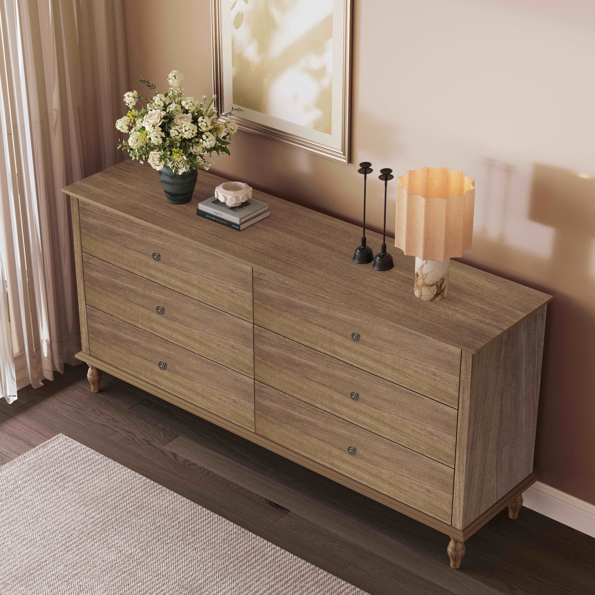 6-Drawer Double Wide Wood Dresser for Bedroom, Light Brown Burnt Wood Finish Storage Chest with Self-Closing Slides, Metal Copper Handles, Solid Wood Roman Column Legs, Anti-Tip Kit Included image 3