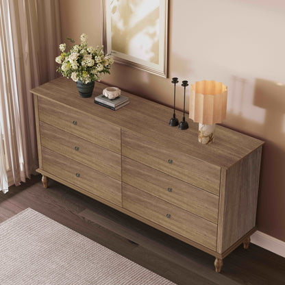6-Drawer Double Wide Wood Dresser for Bedroom, Light Brown Burnt Wood Finish Storage Chest with Self-Closing Slides, Metal Copper Handles, Solid Wood Roman Column Legs, Anti-Tip Kit Included image 3