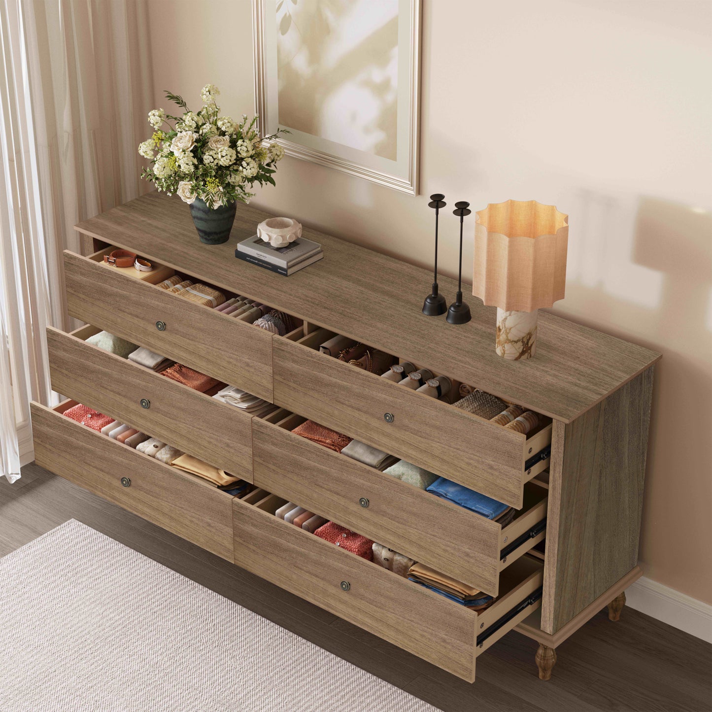 6-Drawer Double Wide Wood Dresser for Bedroom, Light Brown Burnt Wood Finish Storage Chest with Self-Closing Slides, Metal Copper Handles, Solid Wood Roman Column Legs, Anti-Tip Kit Included image 4