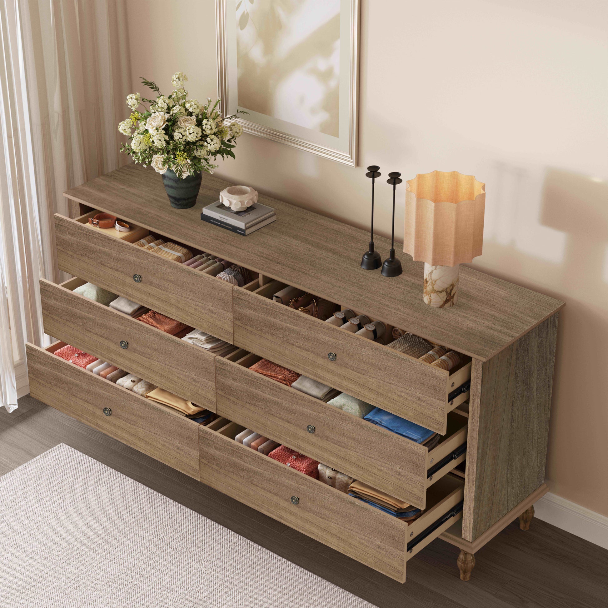 6-Drawer Double Wide Wood Dresser for Bedroom, Light Brown Burnt Wood Finish Storage Chest with Self-Closing Slides, Metal Copper Handles, Solid Wood Roman Column Legs, Anti-Tip Kit Included image 4