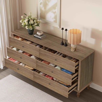 6-Drawer Double Wide Wood Dresser for Bedroom, Light Brown Burnt Wood Finish Storage Chest with Self-Closing Slides, Metal Copper Handles, Solid Wood Roman Column Legs, Anti-Tip Kit Included image 4
