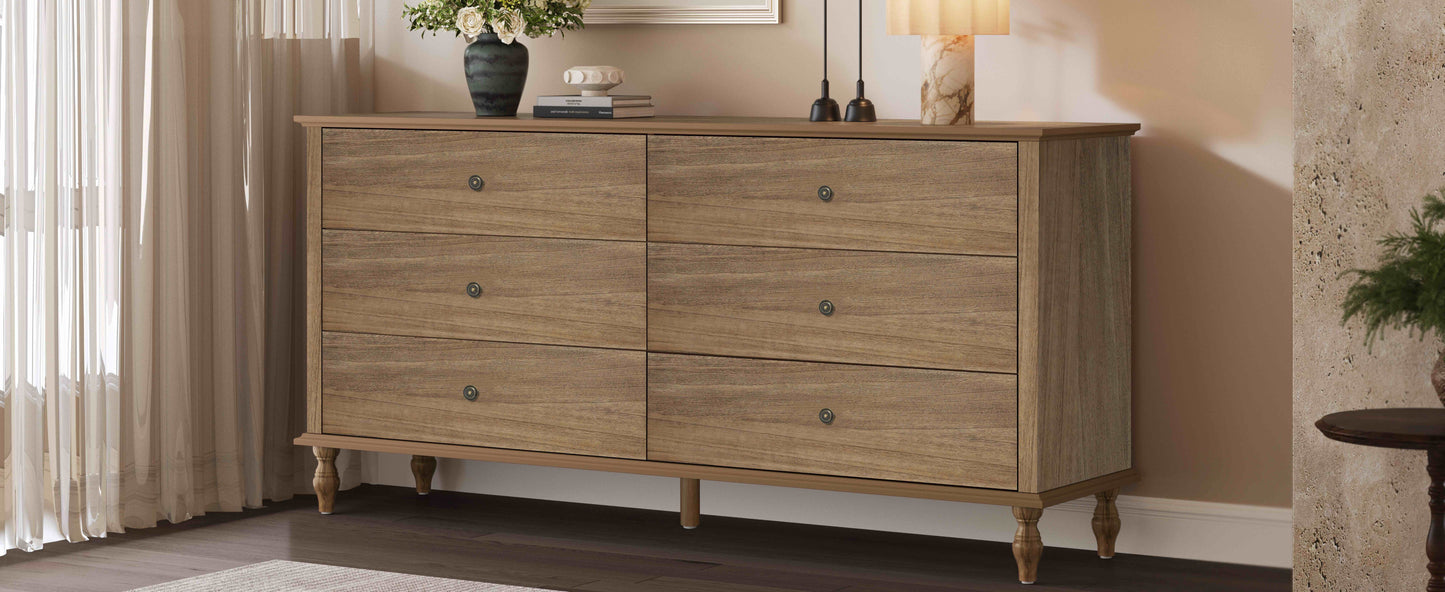 6-Drawer Double Wide Wood Dresser for Bedroom, Light Brown Burnt Wood Finish Storage Chest with Self-Closing Slides, Metal Copper Handles, Solid Wood Roman Column Legs, Anti-Tip Kit Included image 6