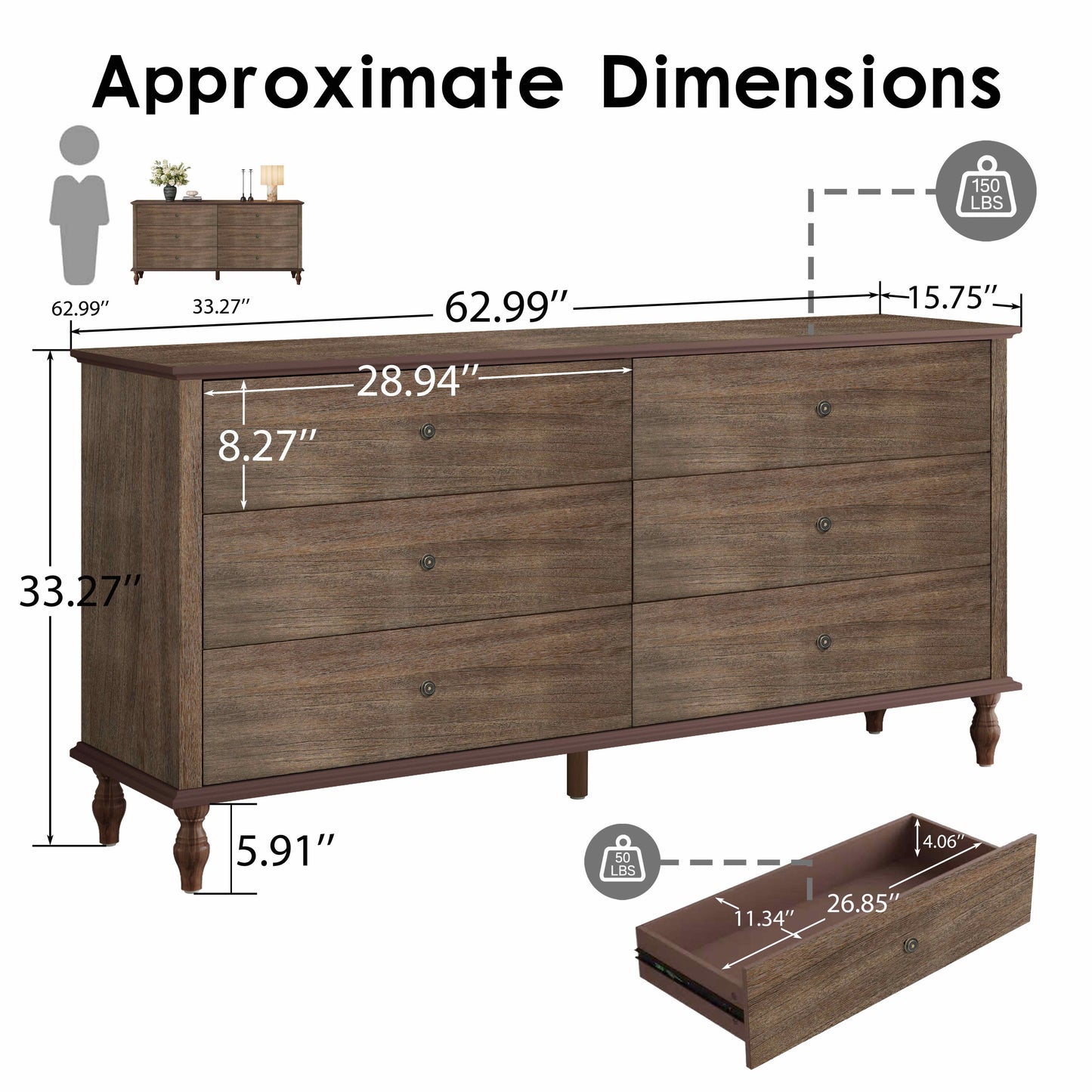 6-Drawer Double Wide Wood Dresser for Bedroom, Deep Brown Burnt Wood Finish Storage Chest with Self-Closing Slides, Metal Copper Handles, Solid Wood Roman Column Legs, Anti-Tip Kit Included image 4