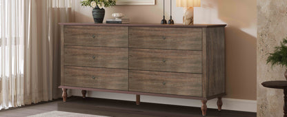 6-Drawer Double Wide Wood Dresser for Bedroom, Deep Brown Burnt Wood Finish Storage Chest with Self-Closing Slides, Metal Copper Handles, Solid Wood Roman Column Legs, Anti-Tip Kit Included image 9