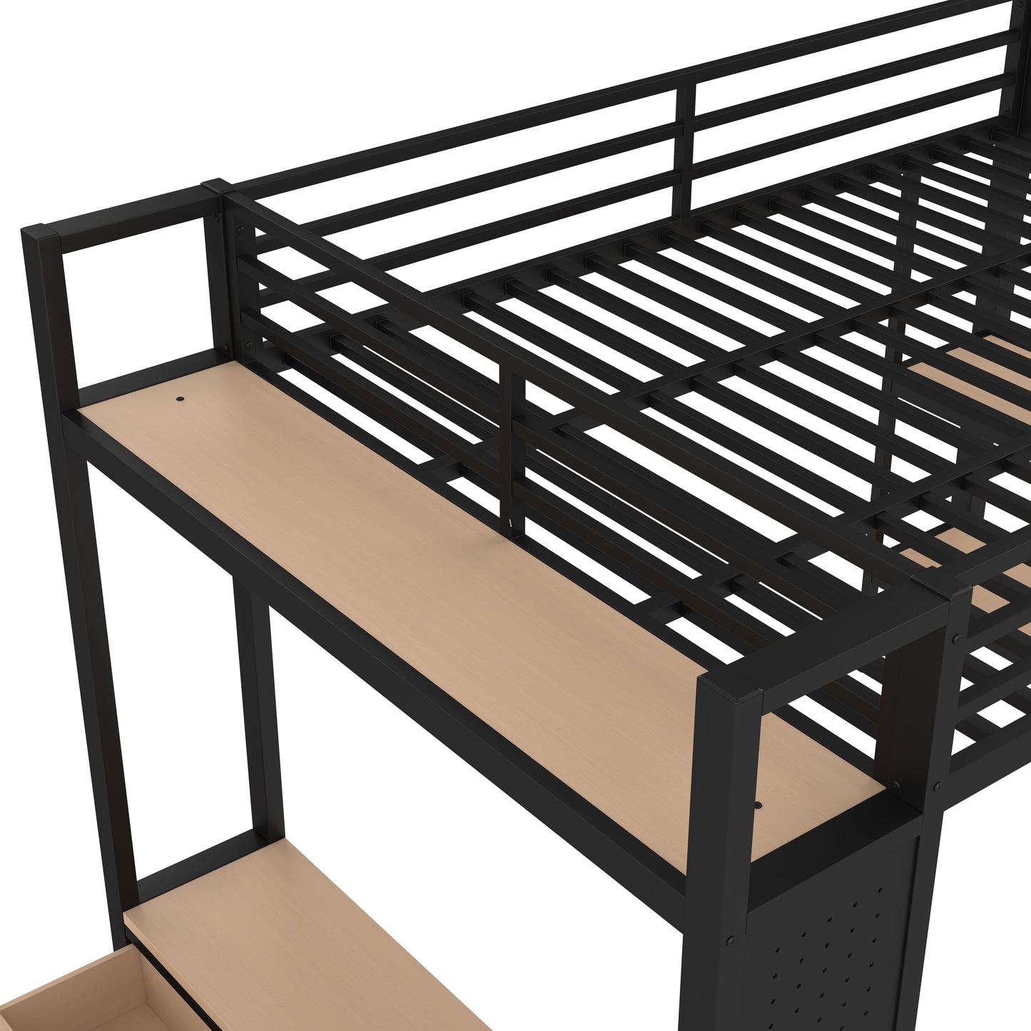 Queen size Loft Bed Frame with Wardrobe,Metal Loft Bed with Storage Shelves and Pegboard,Black image 10
