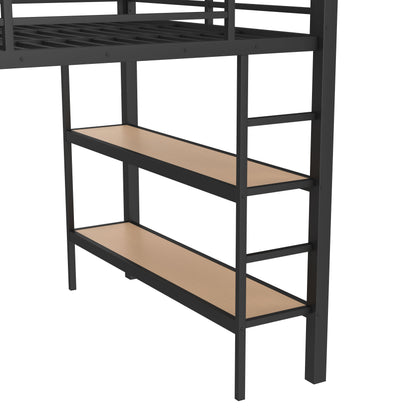 Queen size Loft Bed Frame with Wardrobe,Metal Loft Bed with Storage Shelves and Pegboard,Black image 11