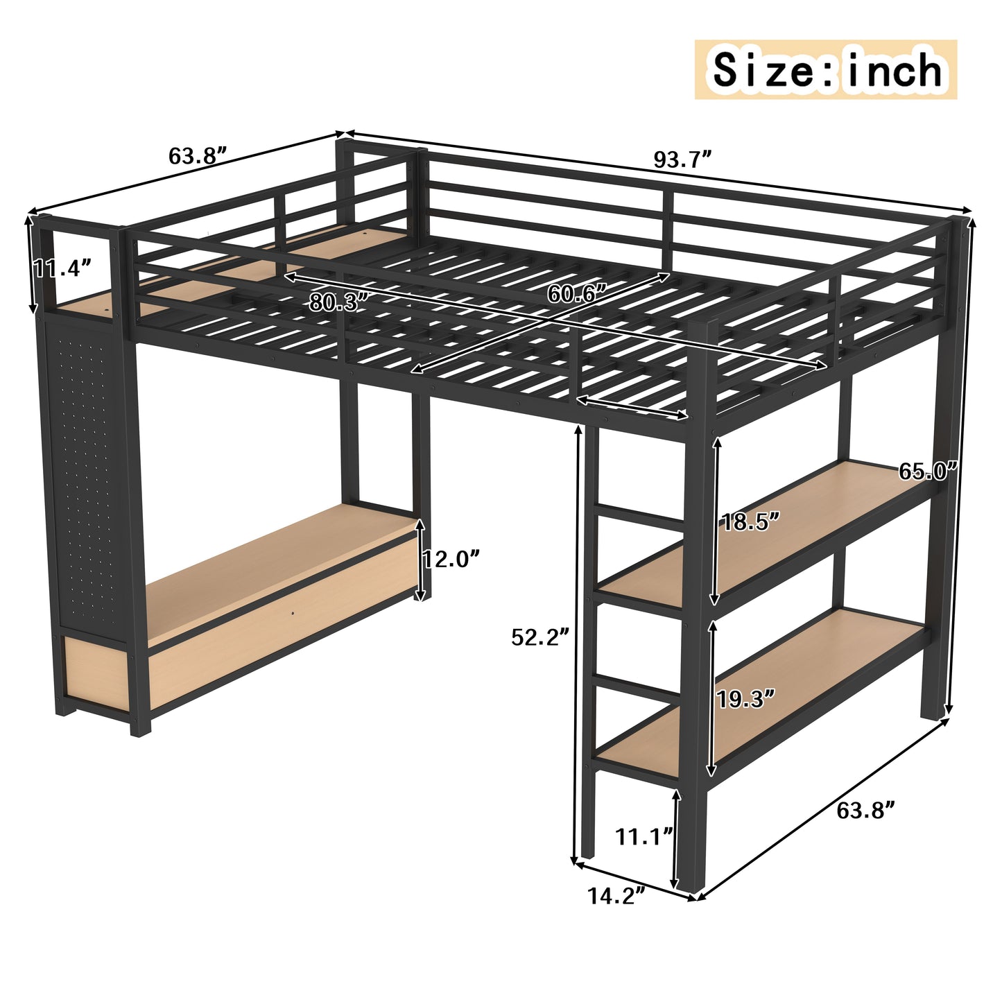 Queen size Loft Bed Frame with Wardrobe,Metal Loft Bed with Storage Shelves and Pegboard,Black image 4