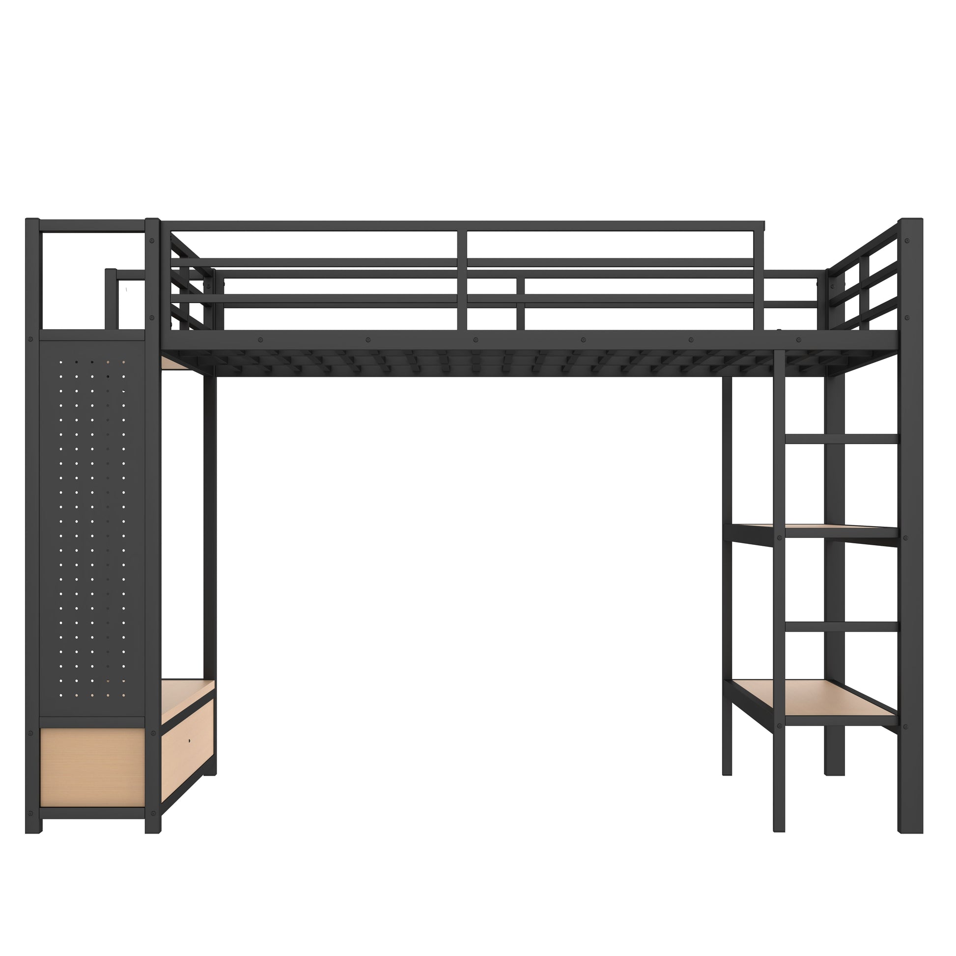 Queen size Loft Bed Frame with Wardrobe,Metal Loft Bed with Storage Shelves and Pegboard,Black image 5