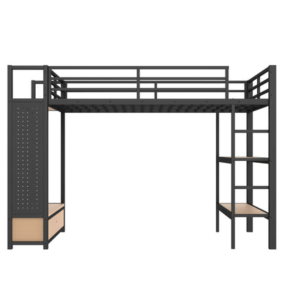 Queen size Loft Bed Frame with Wardrobe,Metal Loft Bed with Storage Shelves and Pegboard,Black image 5