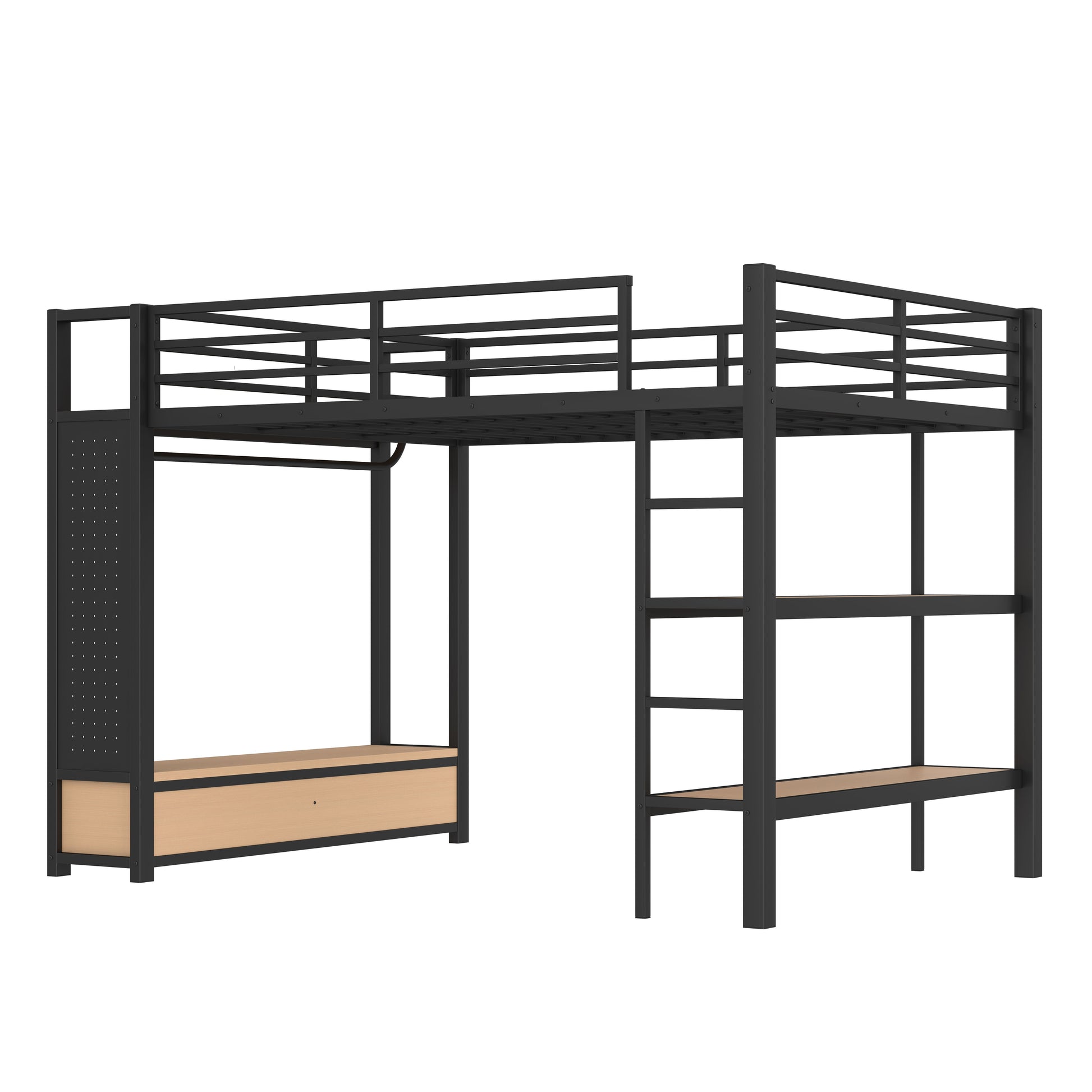 Queen size Loft Bed Frame with Wardrobe,Metal Loft Bed with Storage Shelves and Pegboard,Black image 6