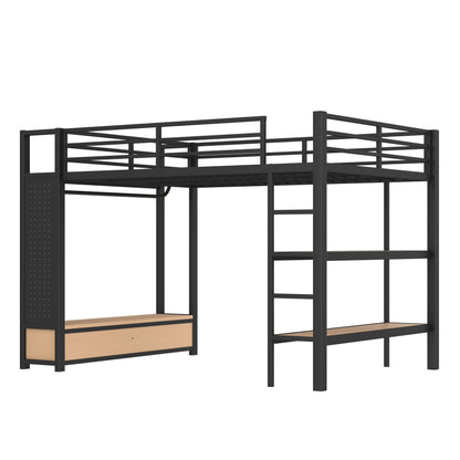 Queen size Loft Bed Frame with Wardrobe,Metal Loft Bed with Storage Shelves and Pegboard,Black image 6