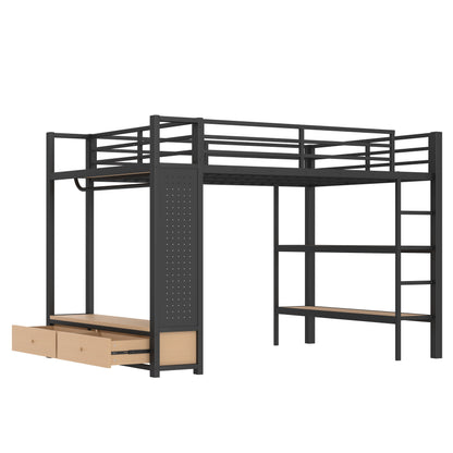 Queen size Loft Bed Frame with Wardrobe,Metal Loft Bed with Storage Shelves and Pegboard,Black image 7