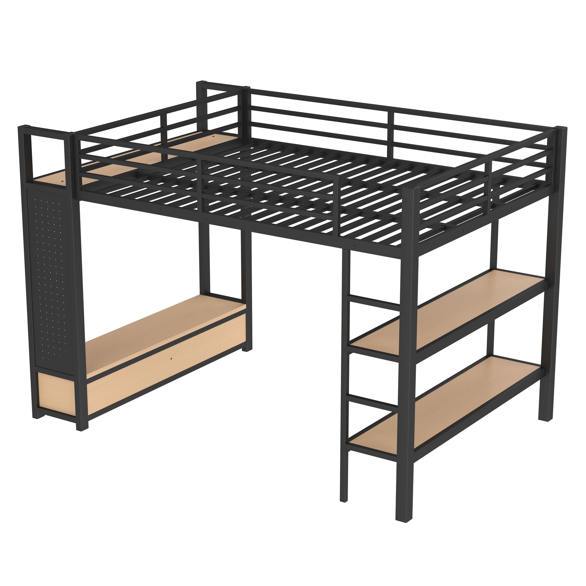Queen size Loft Bed Frame with Wardrobe,Metal Loft Bed with Storage Shelves and Pegboard,Black image 8