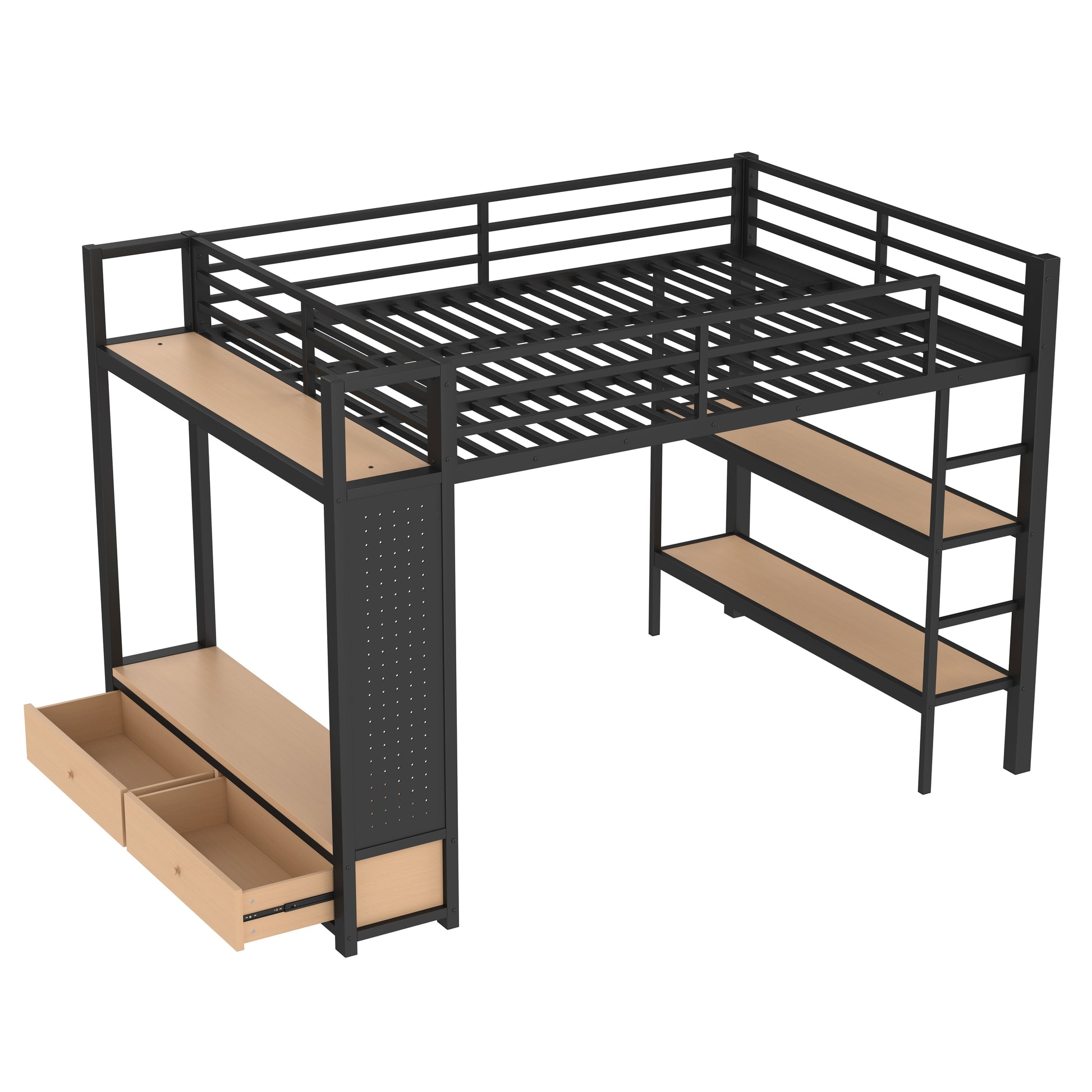 Queen size Loft Bed Frame with Wardrobe,Metal Loft Bed with Storage Shelves and Pegboard,Black image 9