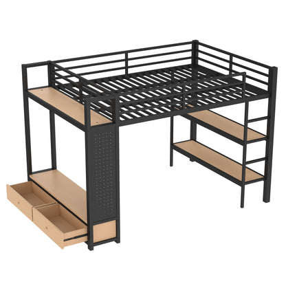 Queen size Loft Bed Frame with Wardrobe,Metal Loft Bed with Storage Shelves and Pegboard,Black image 9