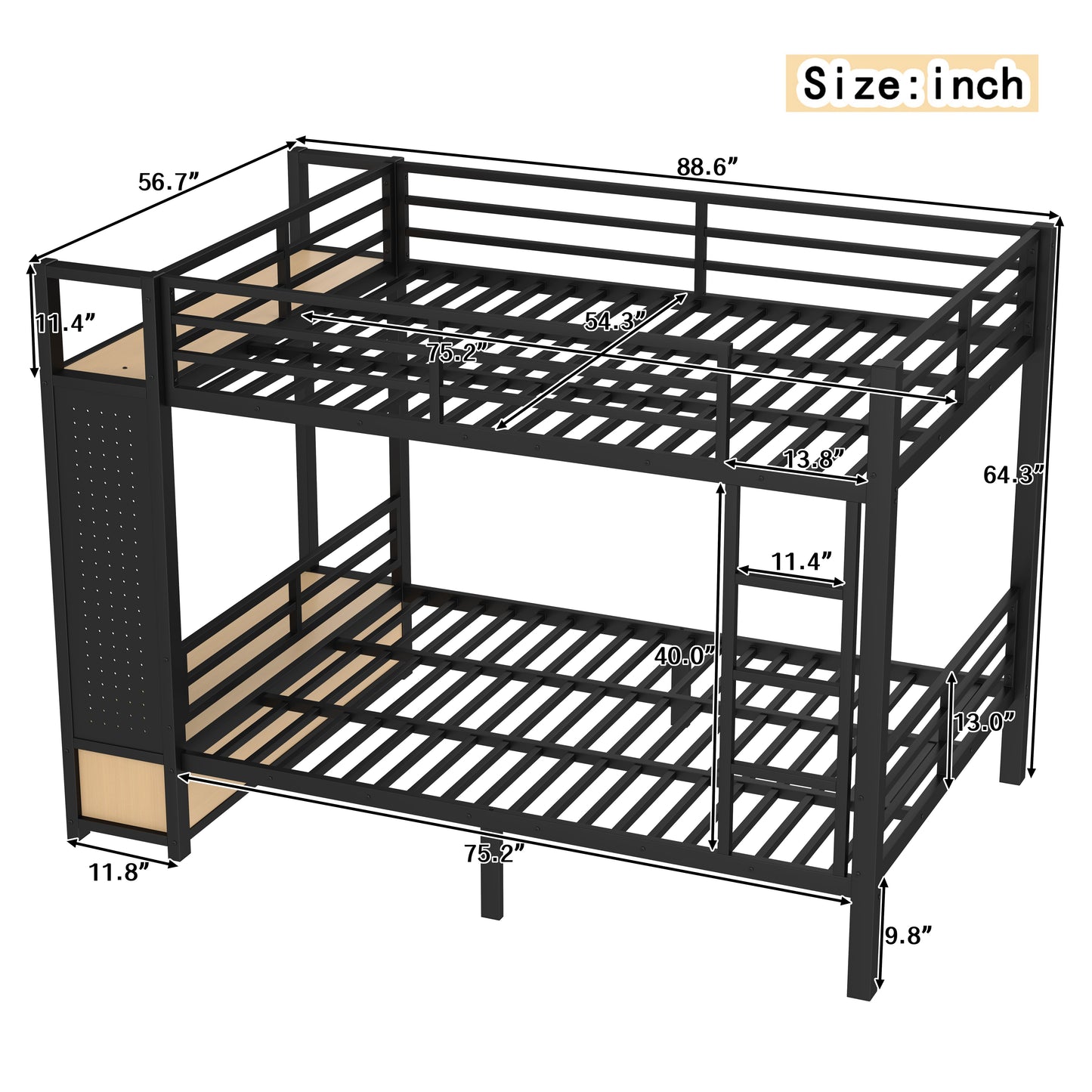 Full over Full size Metal Bunk Bed for Teens with Storage Shelves,Drawers and Pegboard,Black image 4