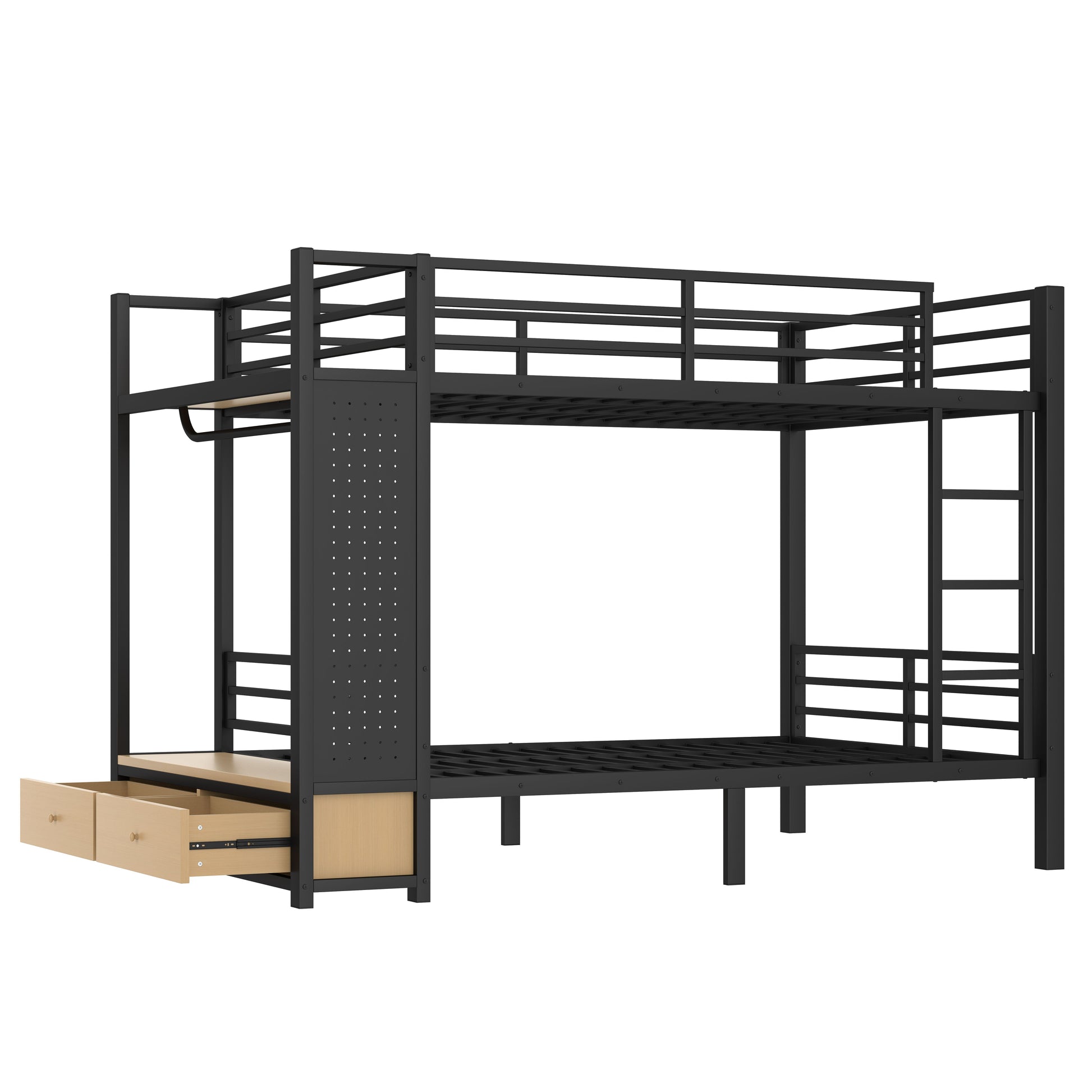 Full over Full size Metal Bunk Bed for Teens with Storage Shelves,Drawers and Pegboard,Black image 5