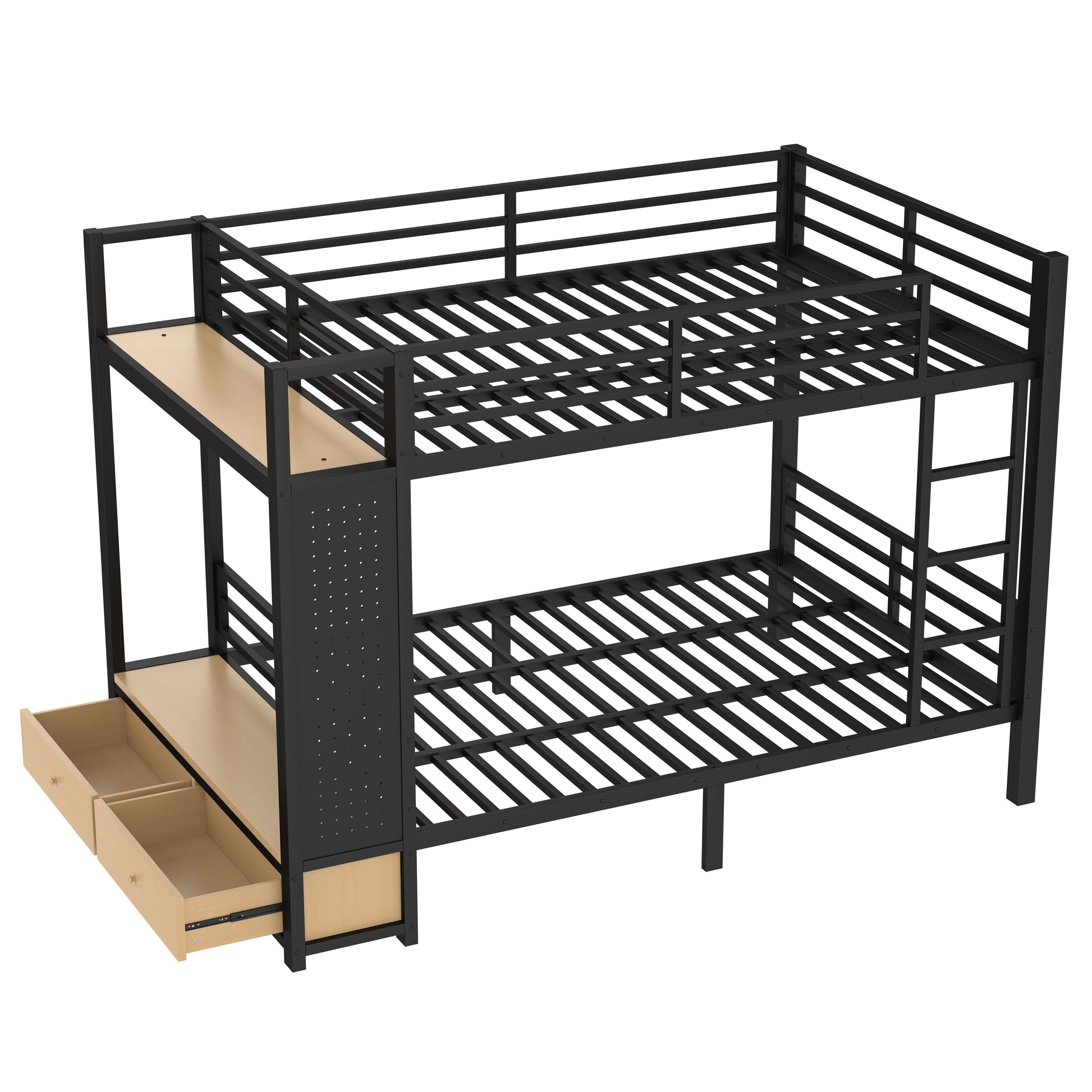 Full over Full size Metal Bunk Bed for Teens with Storage Shelves,Drawers and Pegboard,Black image 6