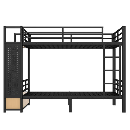 Full over Full size Metal Bunk Bed for Teens with Storage Shelves,Drawers and Pegboard,Black image 8
