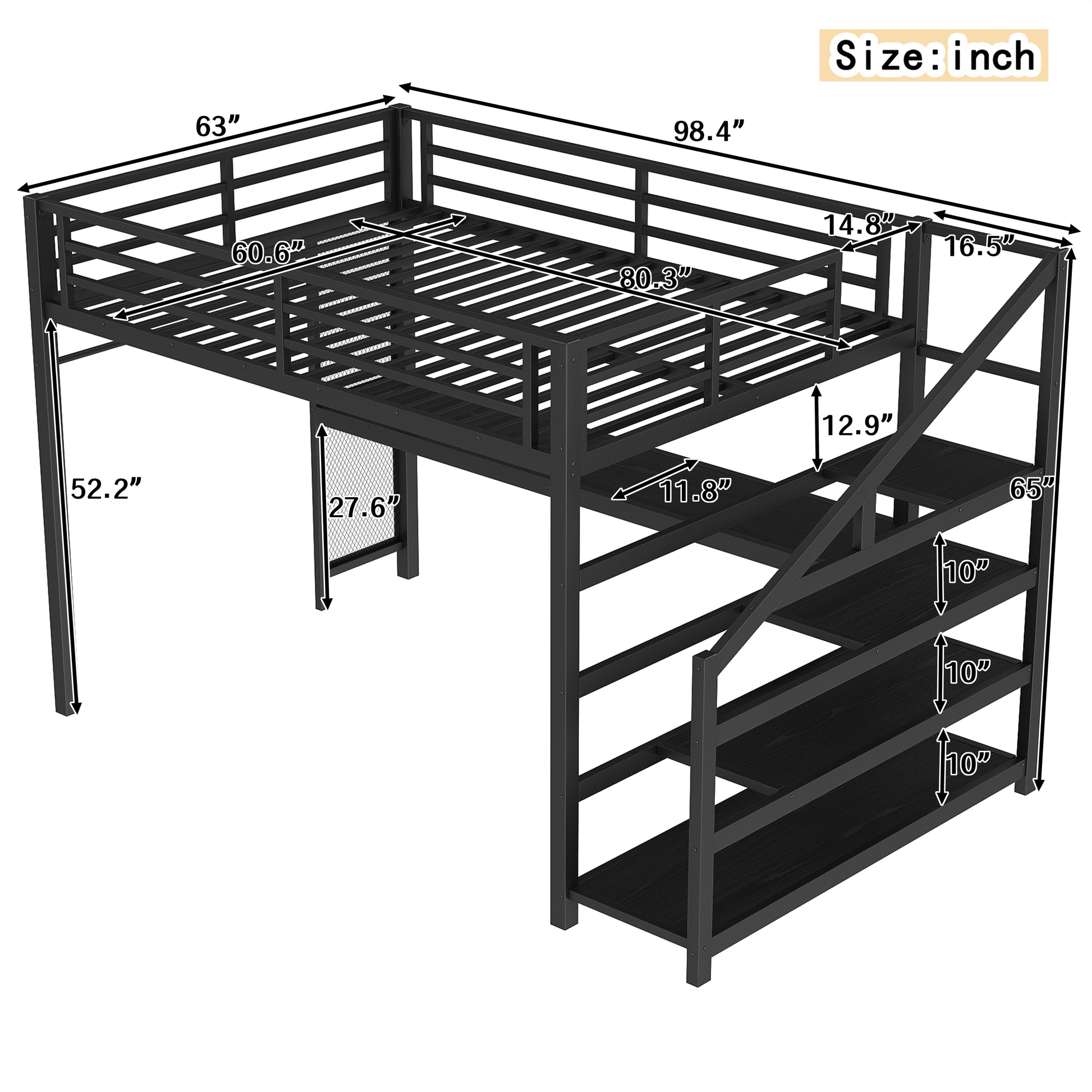 Queen Loft Bed with Desk and Storage Stairs, Metal Loft Beds with LED Lights, USB Ports, Multifunctional Iron Nets, No Spring Box Needed and Noise-free, Black image 5