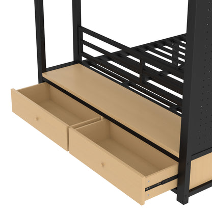 Queen over Queen size Metal Bunk Bed for Teens with Storage Shelves,Drawers and Pegboard,Black image 11