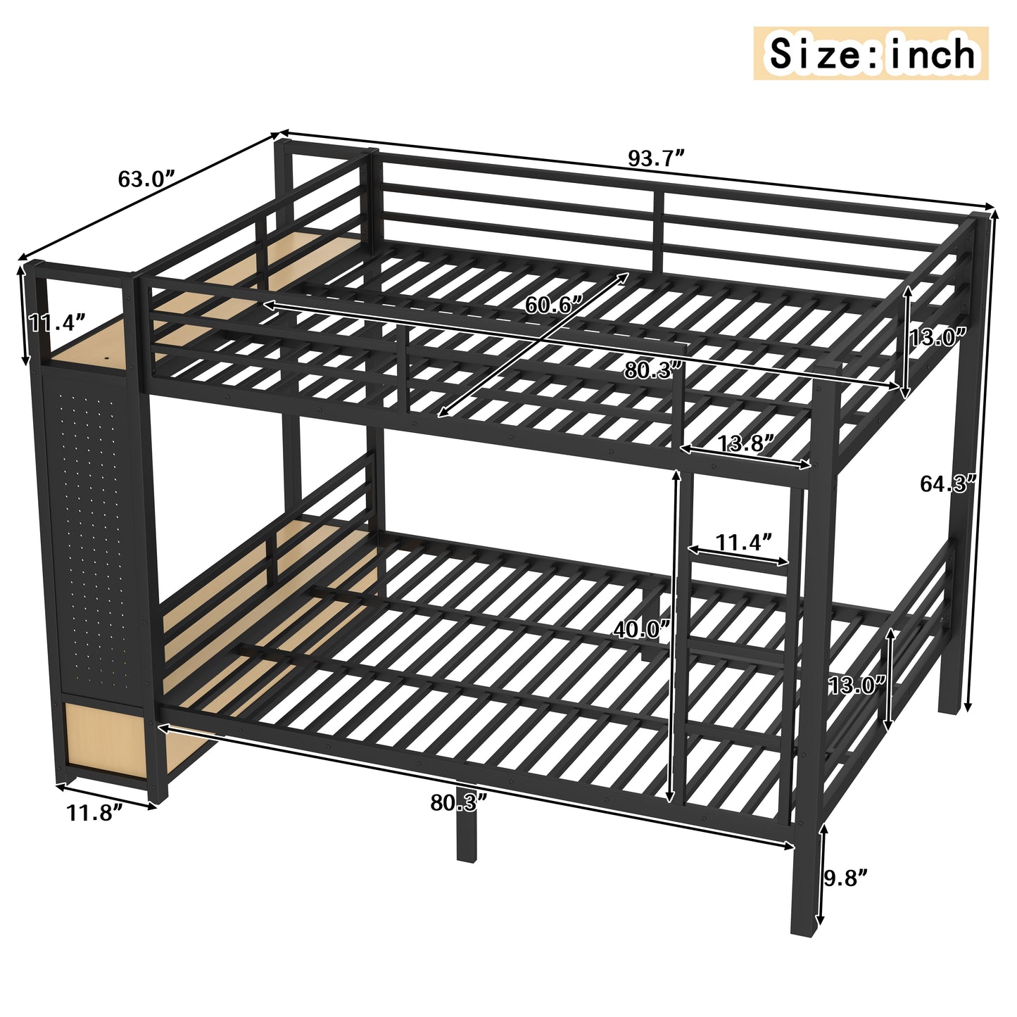 Queen over Queen size Metal Bunk Bed for Teens with Storage Shelves,Drawers and Pegboard,Black image 4