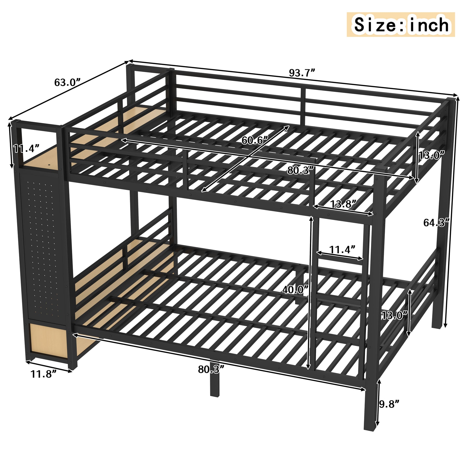 Queen over Queen size Metal Bunk Bed for Teens with Storage Shelves,Drawers and Pegboard,Black image 4