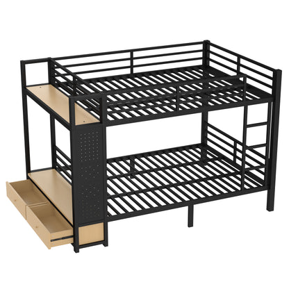 Queen over Queen size Metal Bunk Bed for Teens with Storage Shelves,Drawers and Pegboard,Black image 5