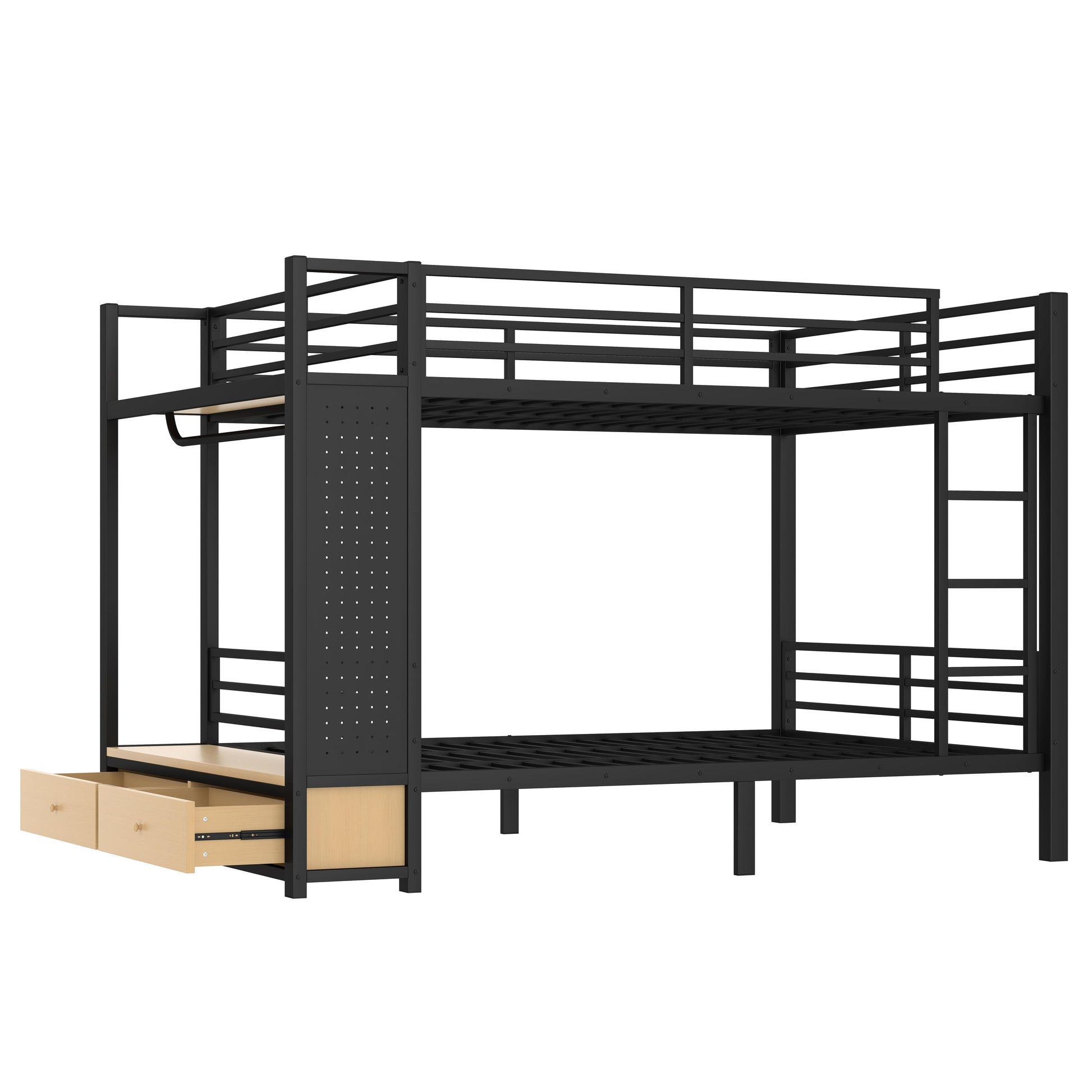 Queen over Queen size Metal Bunk Bed for Teens with Storage Shelves,Drawers and Pegboard,Black image 6