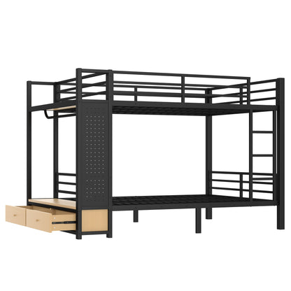 Queen over Queen size Metal Bunk Bed for Teens with Storage Shelves,Drawers and Pegboard,Black image 6