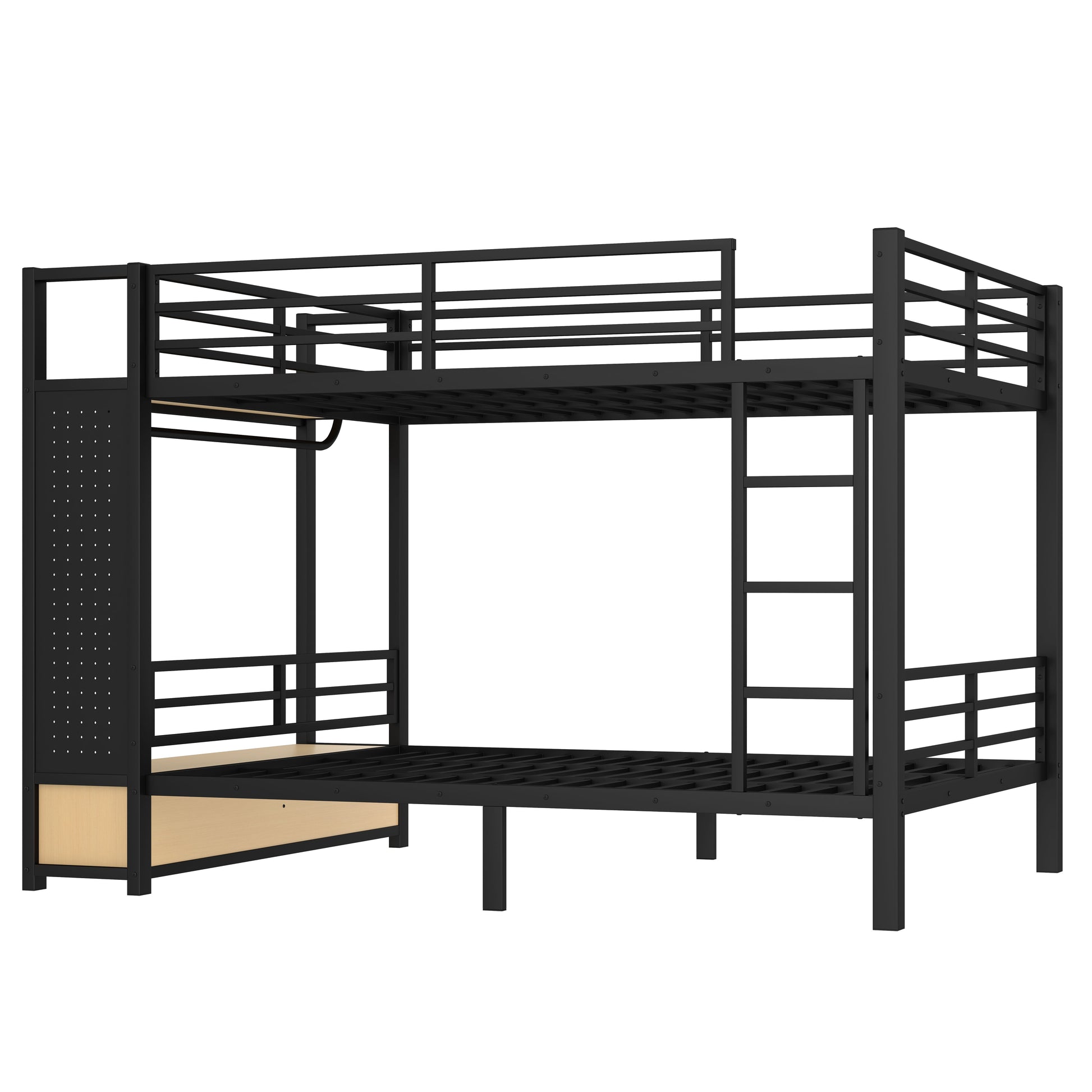 Queen over Queen size Metal Bunk Bed for Teens with Storage Shelves,Drawers and Pegboard,Black image 7