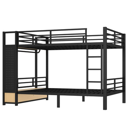 Queen over Queen size Metal Bunk Bed for Teens with Storage Shelves,Drawers and Pegboard,Black image 7