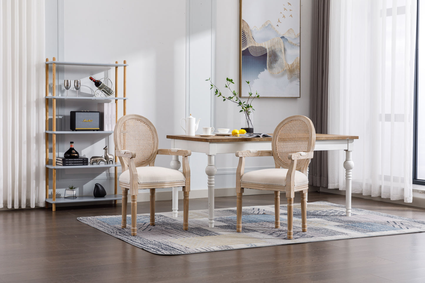 French Vintage Upholstered Fabric Dining Armchair, Set of 2, Beige image 12